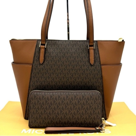 Michael Kors Large Charlotte Tote Bag & Continental Wallet Luggage Brown - Picture 5 of 13